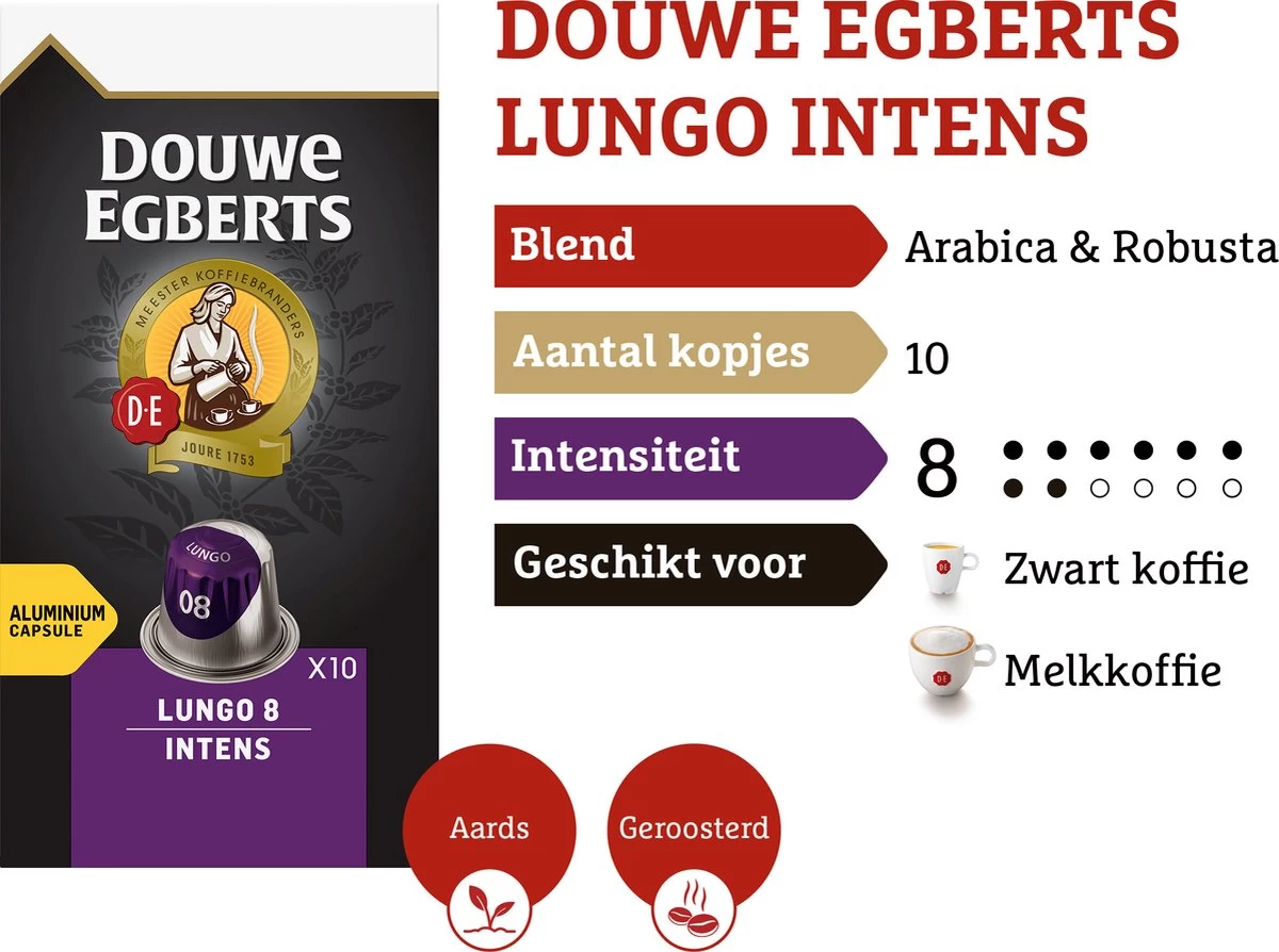 Douwe Egberts Lungo Intens Koffiecups - Intensiteit 8/12 - 10 X 10 Capsules 6 Douwe Egberts Lungo Intens Koffiecups - Intensiteit 8/12 - 10 X 10 Capsules - Afbeelding 4