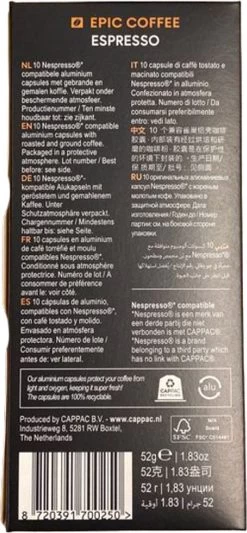 100 Capsules Epic Coffee - Espresso - Nespresso® Compatible Aluminium Capsules - RFA Keurmerk - Doos 100 Stuks 15 100 Capsules Epic Coffee - Espresso - Nespresso® Compatible Aluminium Capsules - RFA Keurmerk - Doos 100 Stuks -Koffieproducten 556x1200