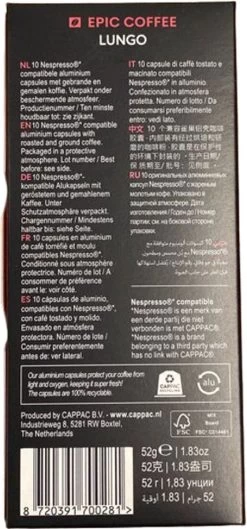 100 Capsules Epic Coffee - Lungo - Nespresso® Compatible Aluminium Capsules - RFA Keurmerk - Doos 100 Stuks -Koffieproducten 560x1200