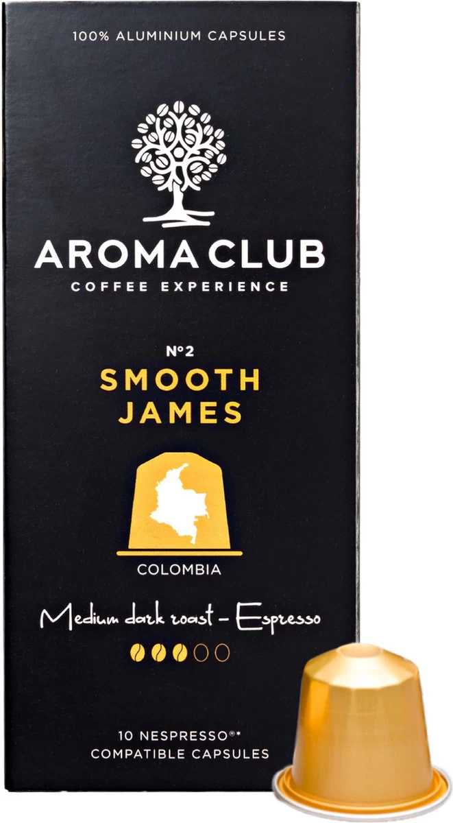 Aroma Club - Nespresso Compatible Capsules (120 St.) - No. 2 Smooth James - Intensiteit 3/5 - Espresso & Lungo - 100% Aluminium Koffiecups 3 Aroma Club - Nespresso Compatible Capsules (120 St.) - No. 2 Smooth James - Intensiteit 3/5 - Espresso & Lungo - 100% Aluminium Koffiecups